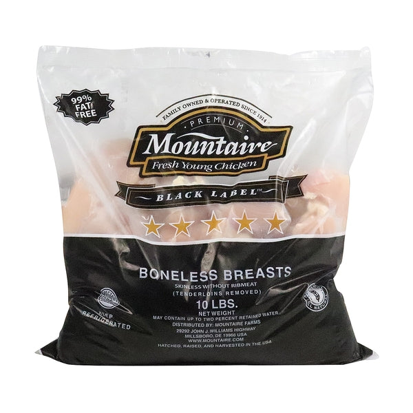 Mountaire Black Label boneless skinless chicken breast in a 10 lb foodservice pack
